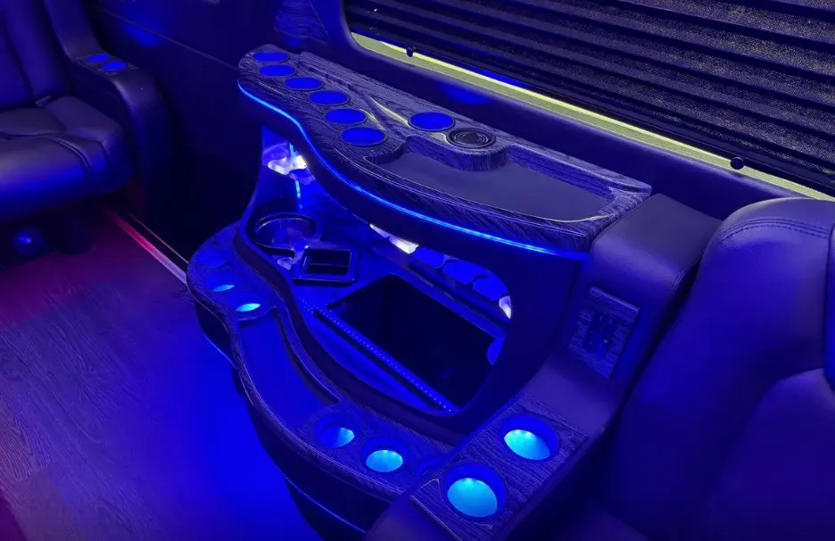 16-Passenger Sprinter Limo Party Bus – Lighted bar & cup holders