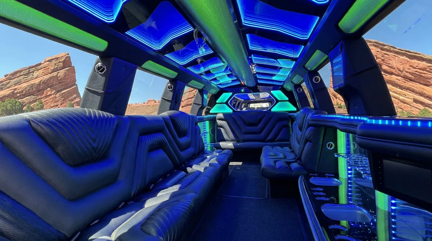 Inside the Chevy Suburban limo in Longmont: LED light-show ceiling, leather lounge seating and lit bar