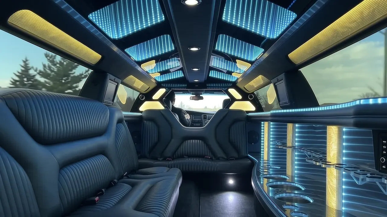 Inside the Dodge Charger limo in Longmont: LED light-show ceiling, leather lounge seating and lit bar