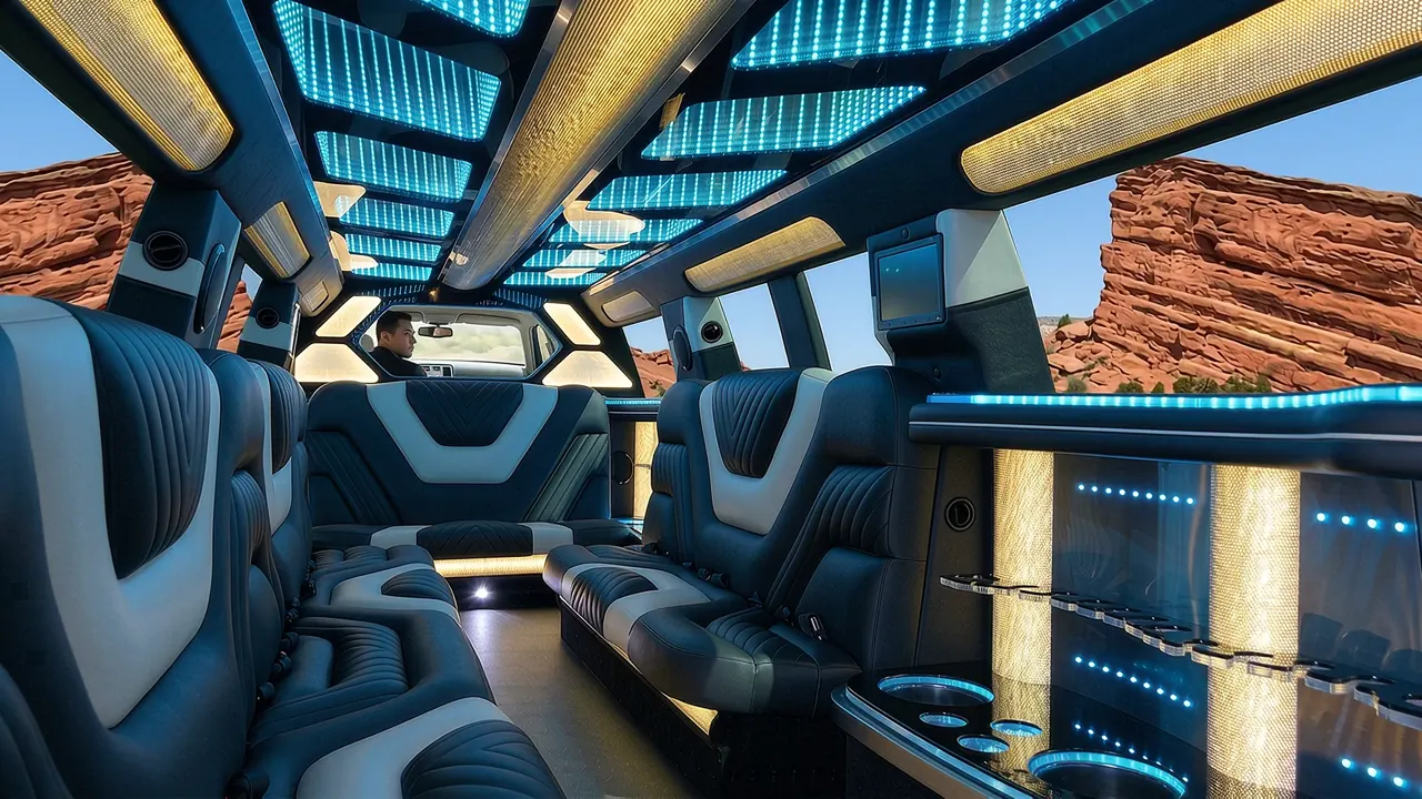 Inside the Mercedes GLS limo in Longmont: LED light-show ceiling, leather lounge seating and lit bar