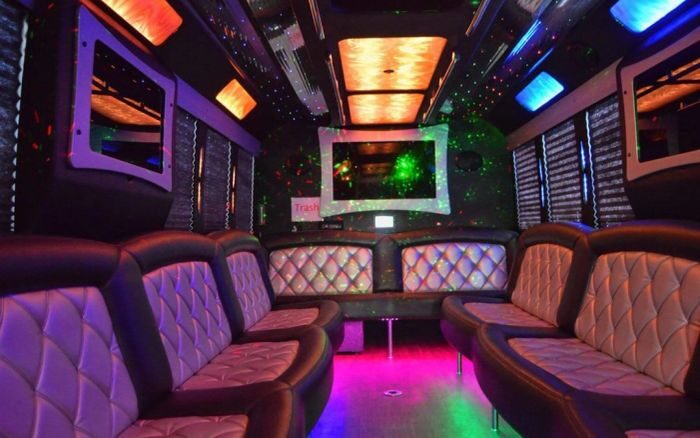 Party bus lounge with LED ceiling – Longmont party bus rental