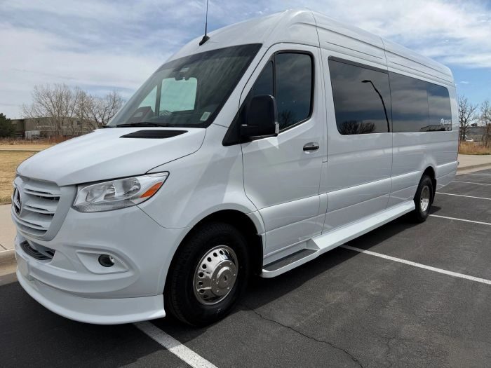 White Mercedes Sprinter – Longmont party bus rental